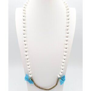 NOONDAY White Milk Glass Beaded Teal Tassel Gold Tone Rondelle Necklace NWT